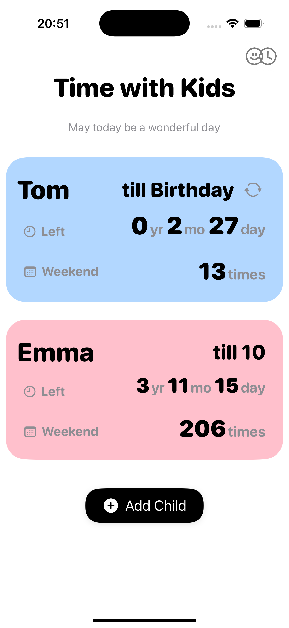 Main Screen - Child Cards Display