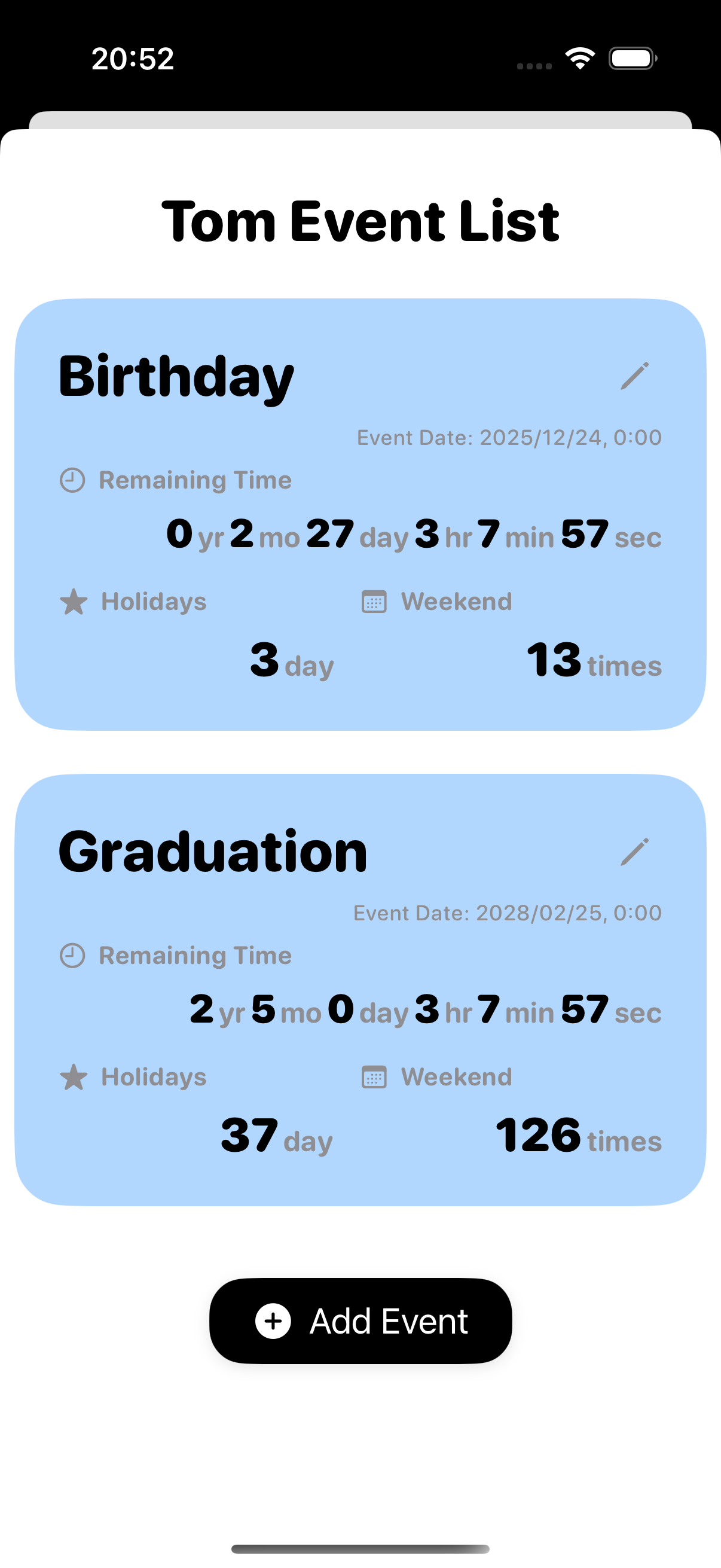 Event Detail Screen - Countdown Display